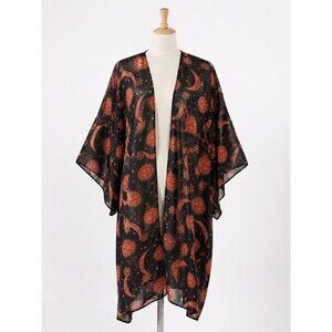 Hibluco Celestial Print Kimono Jacket Medium Black Brown Print Boho Festival